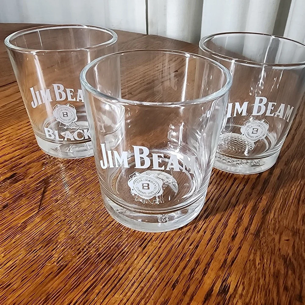 3 Jim Beam Etched Whiskey Glasses - Basketball,Golfball Baseball On bottom